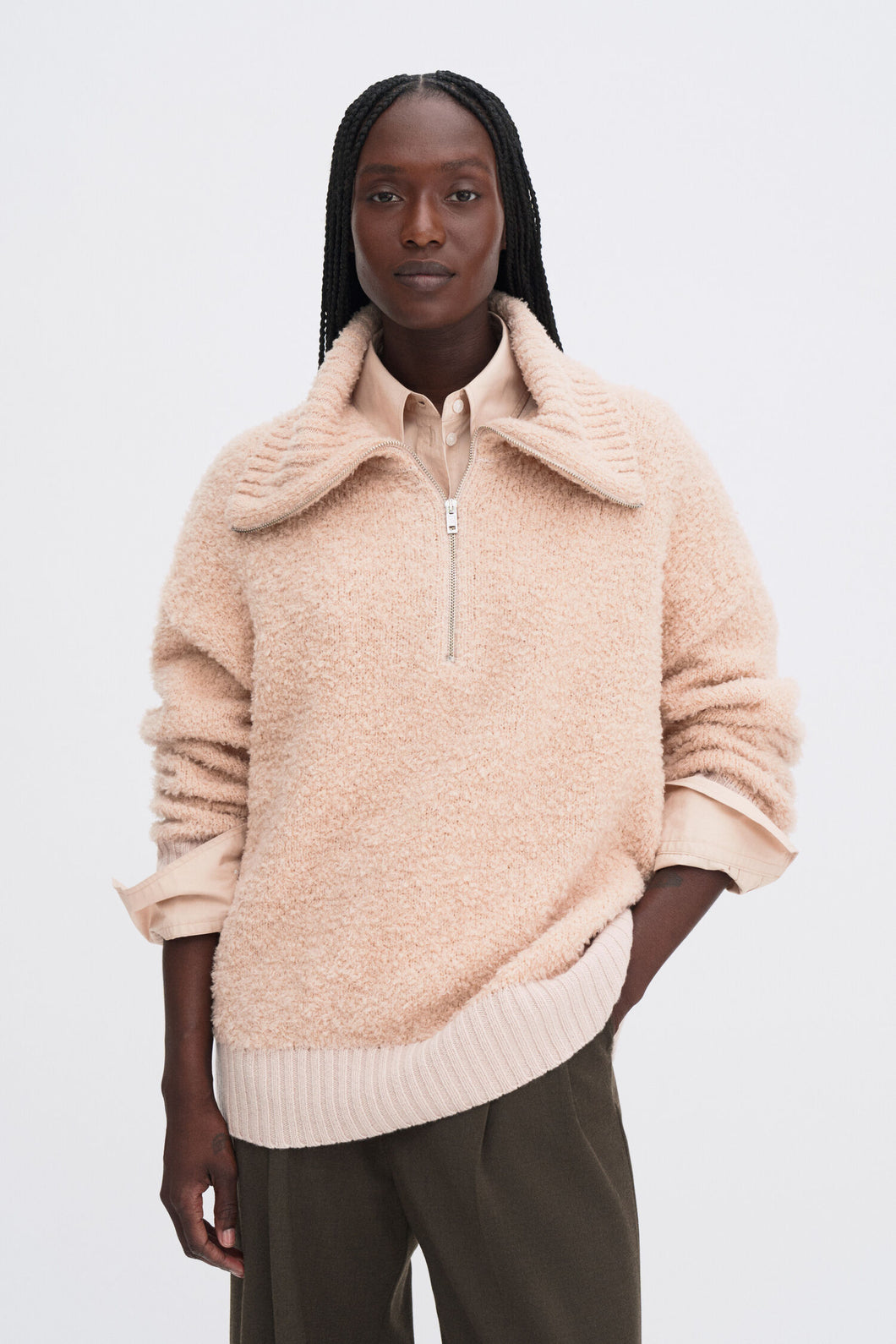 Fluffy Half Zip Sweater, Dusty Pink