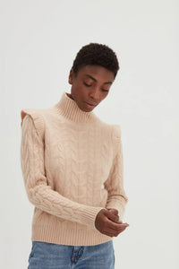 Roll Neck Frill Cable Sweater White