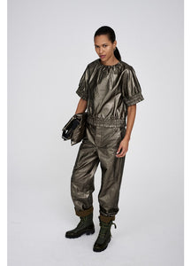 GINE foiled ripstop gathered top Metallic Olive